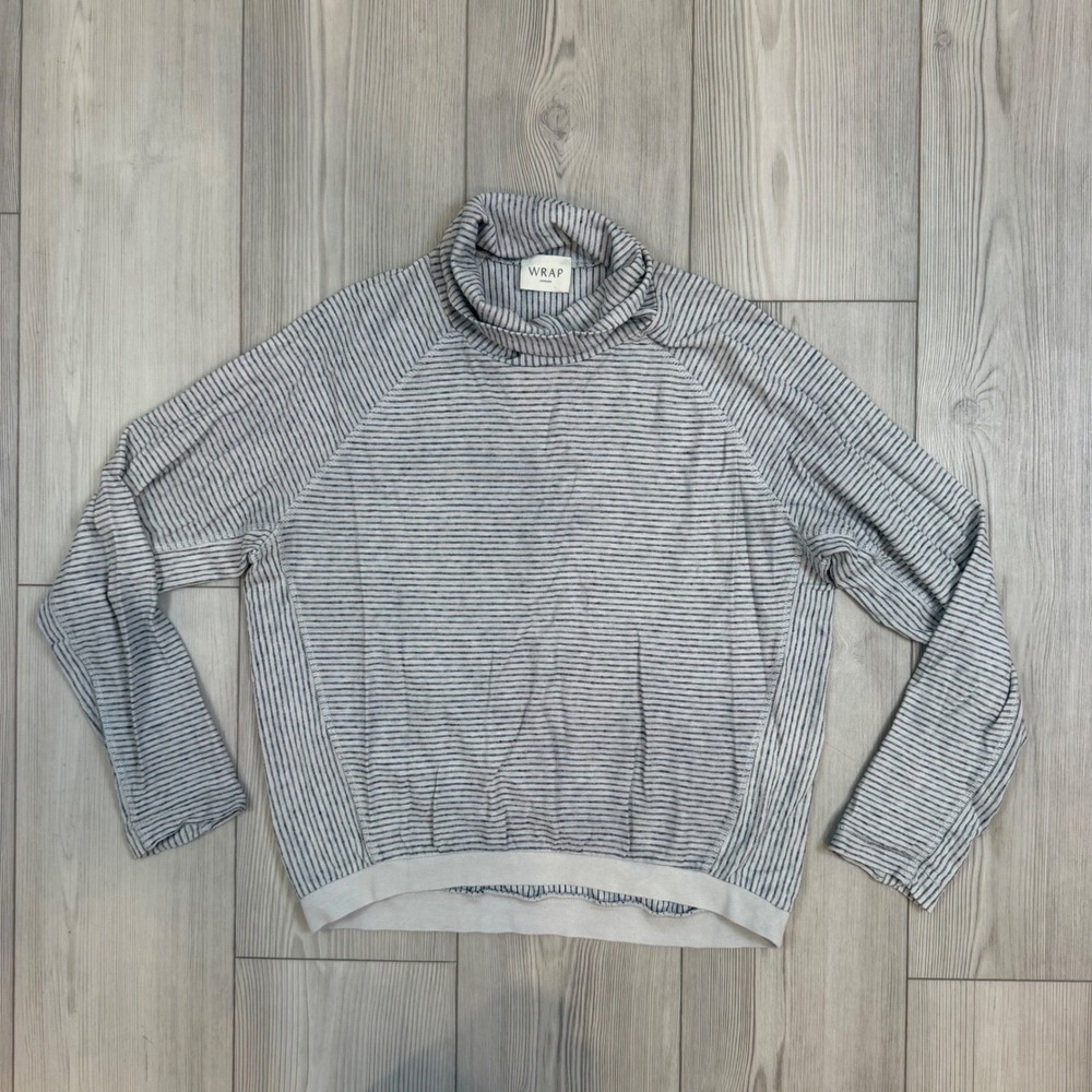 Wrap London ZN55 Hemp Organic Cotton Striped Turtleneck Top Grey White US 6
